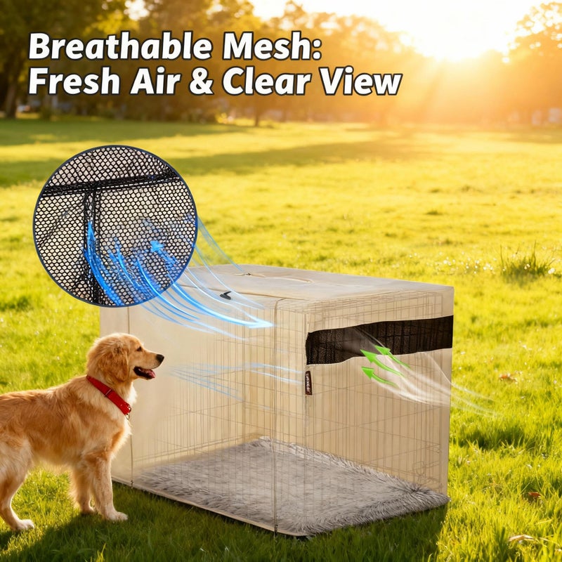HiCaptain Dog Crate Cover 30.0" L x 19.0" W x 21.0" H with Breathable Mesh, Durable Heavy Duty Kennel Cover, Dual Zippered Panels, Windproof Waterproof UV-Resistant(Beige) - Image 2